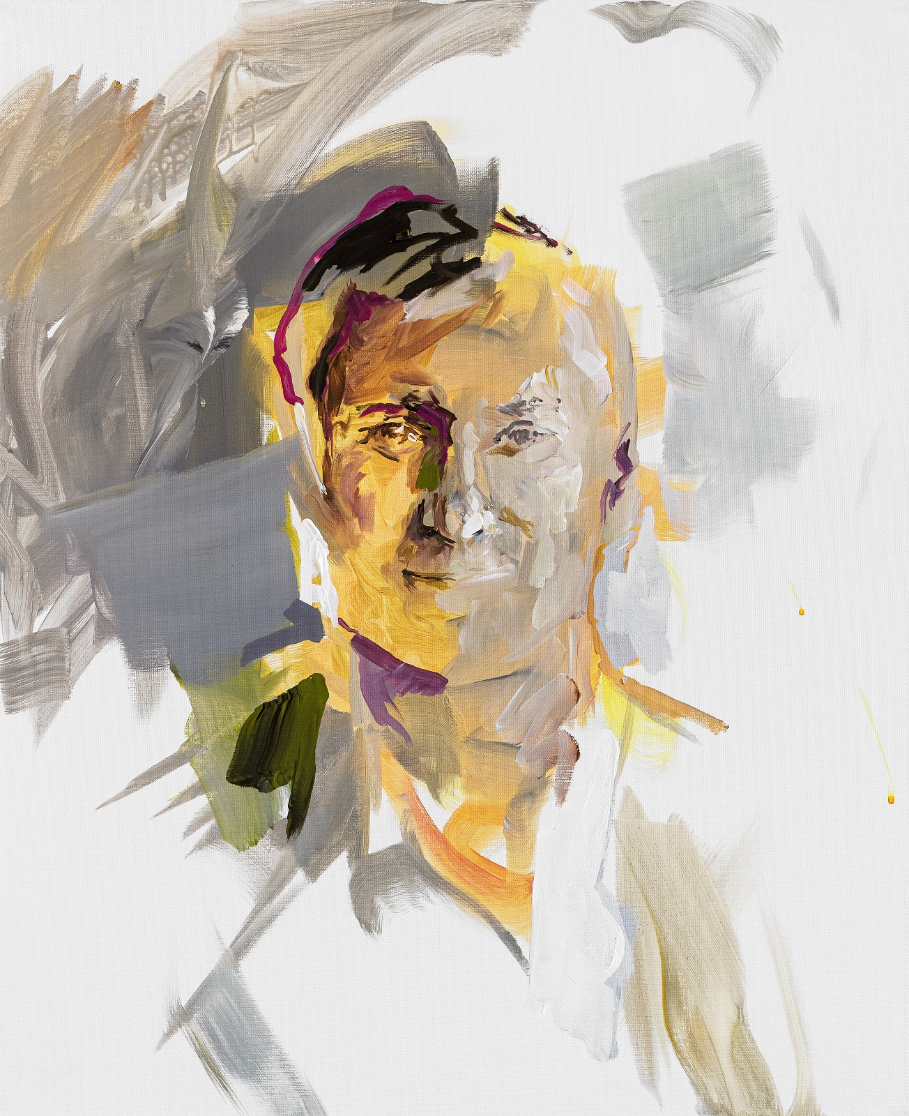 Gemälde eines erwachsenen Menschen, Ocker und Magenta, Grautöne und weiße Untermalung