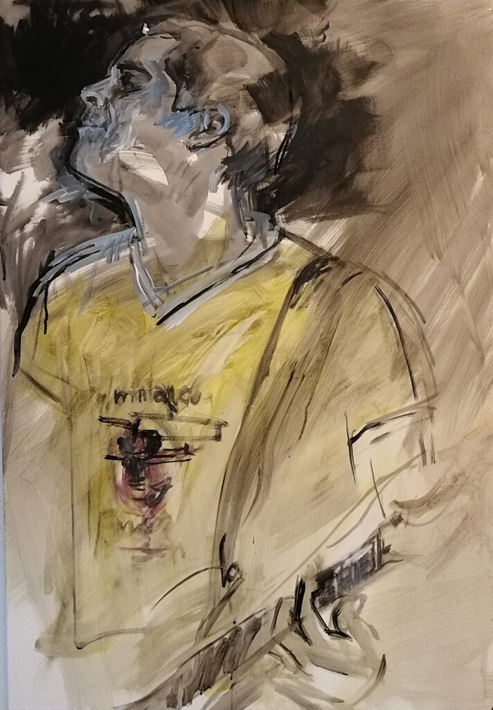 Eine Person im Profil nach links oben guckend - E-Gitarre spielend.