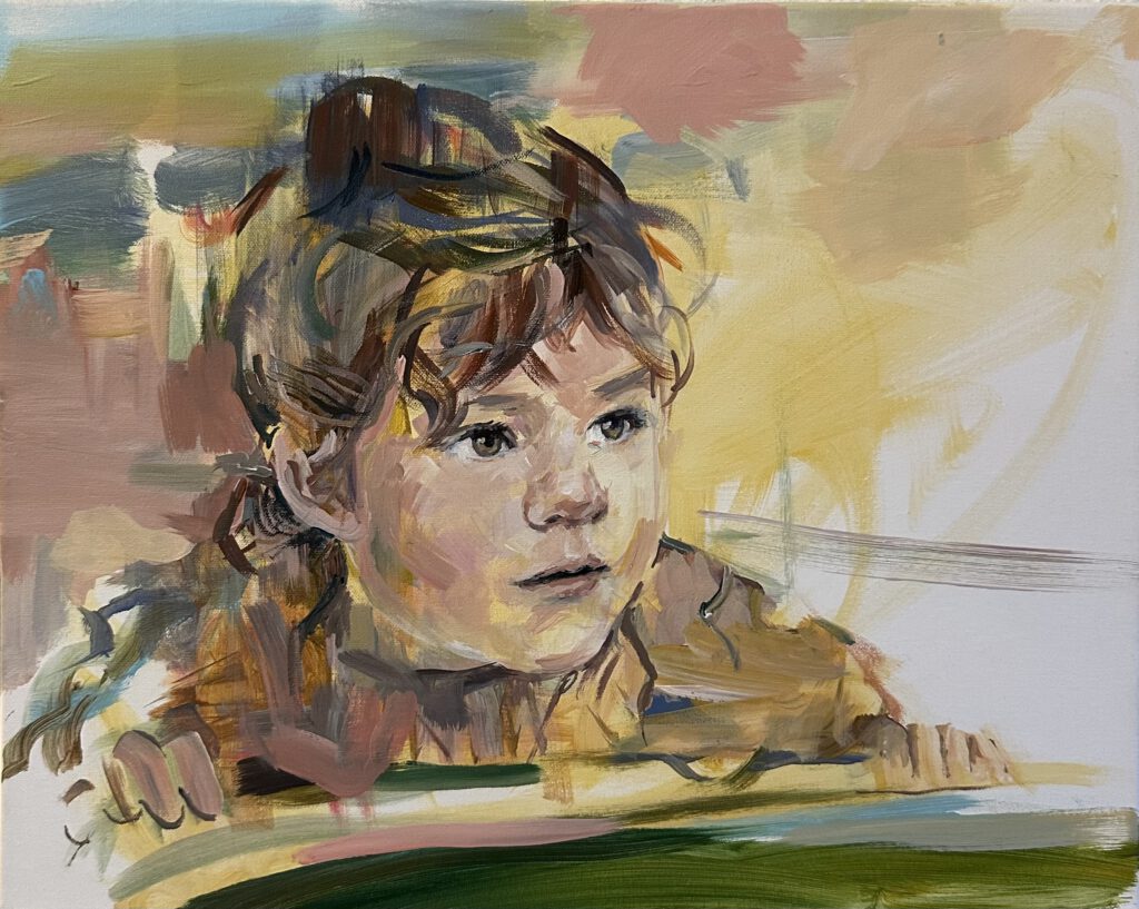 Gemälde eines jungen Kindes in Acryl - Ocker und Brauntöne